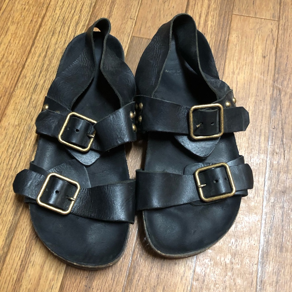 Saint Laurent Black Leather Jam Flat Sandal 38